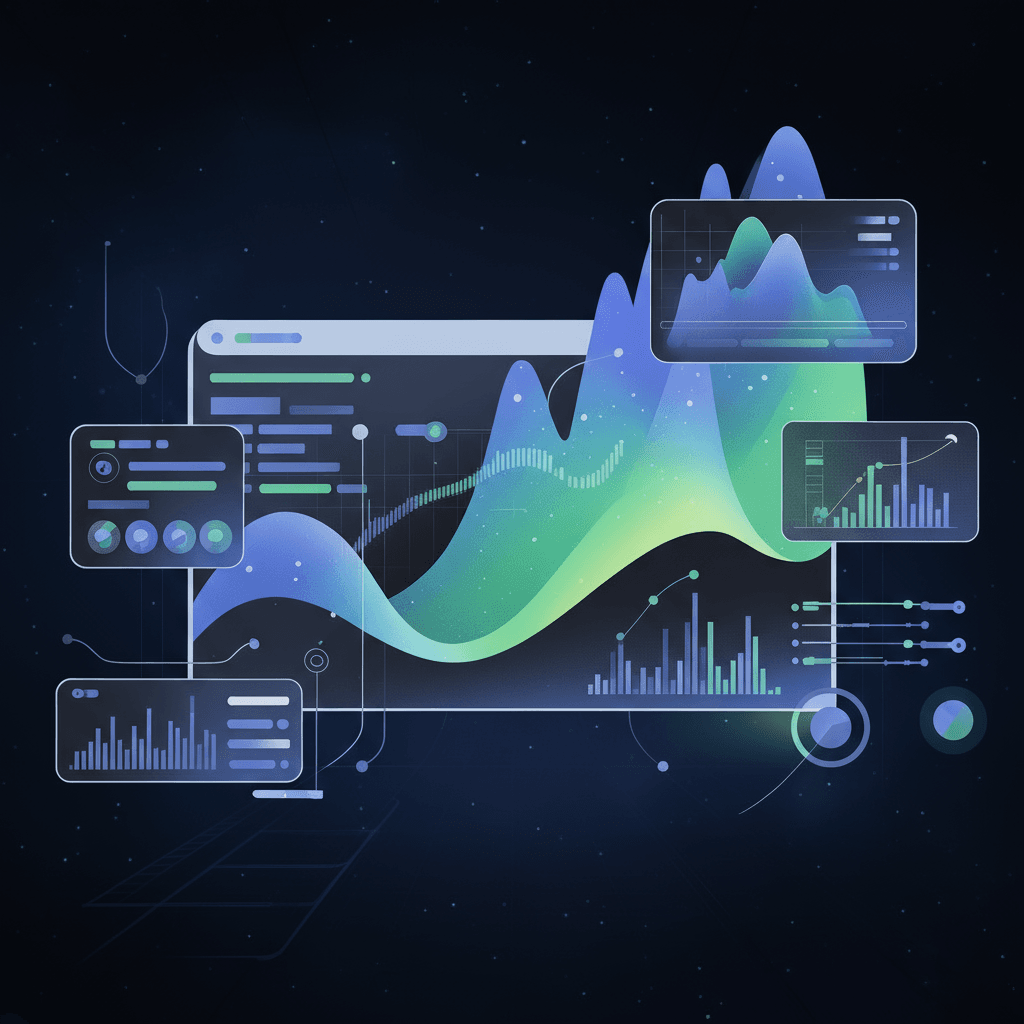 Digital dashboard displaying fluctuating graphs and data visualizations on a dark background.