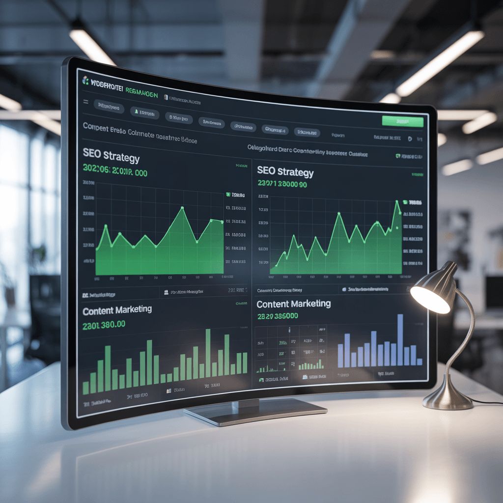 Curved monitor displaying SEO strategy and content marketing performance graphs on a desk.